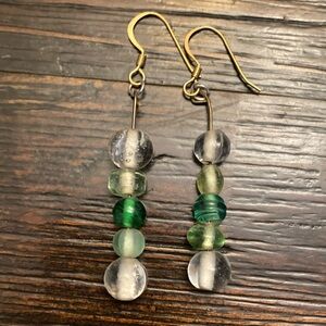 Handmade clear green beaded drop earrings with gold hooks